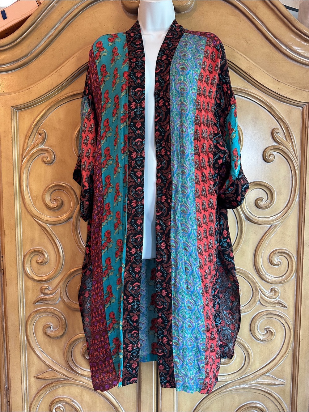 Boho Patchwork Kimono Cardigan - Teal, Red, Black